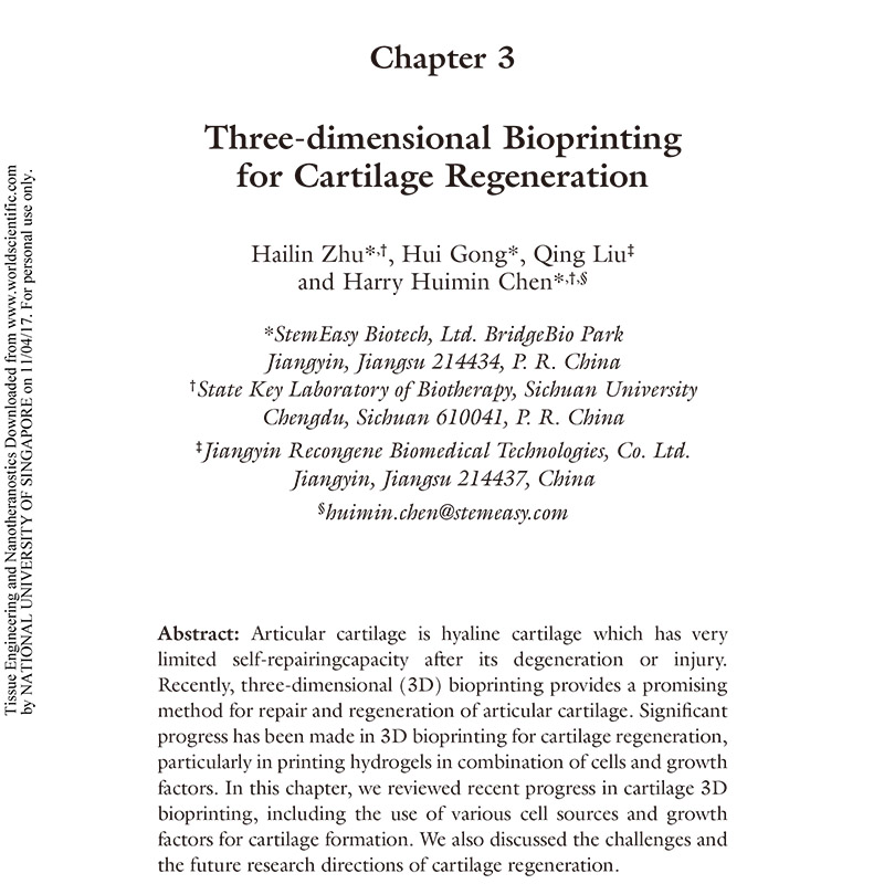 2017_Tissue Engineering and Nanotheranostics Chapter 3——3D Bioprinting for Cartilage Regeneration