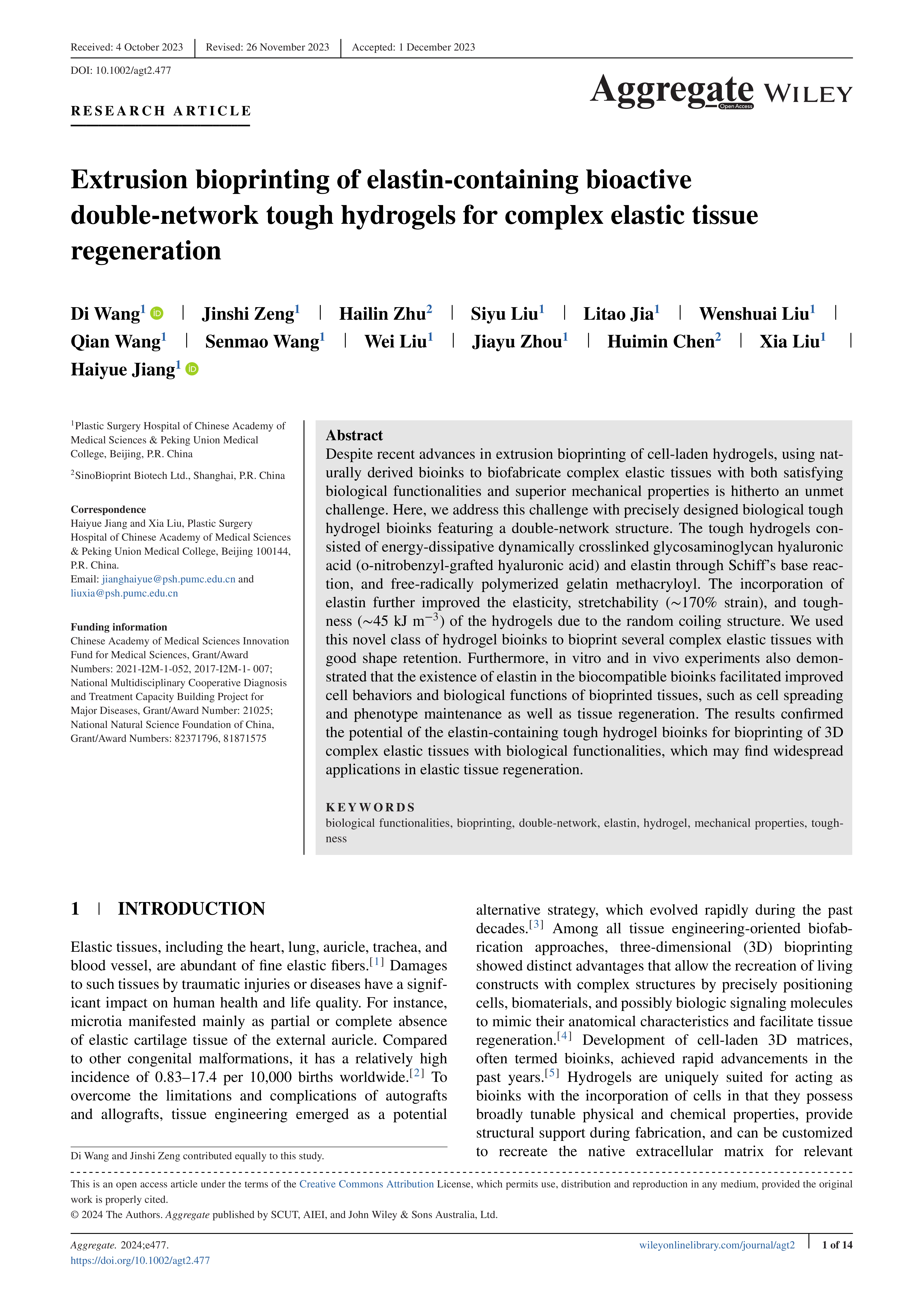 Aggregate - 2024 - Wang - Extrusion bioprinting of elastin‐containing bioactive double‐network tough hydrogels for complex